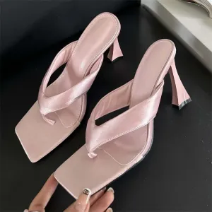 binfenxie  -  Fashion Square Clip Toe Slippers Women High Heels Party Dress Slides Shoes Summer Flip Flops Zapatos De Mujer