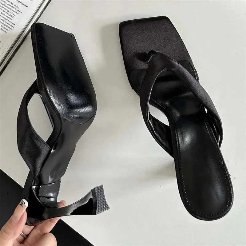 binfenxie  -  Fashion Square Clip Toe Slippers Women High Heels Party Dress Slides Shoes Summer Flip Flops Zapatos De Mujer
