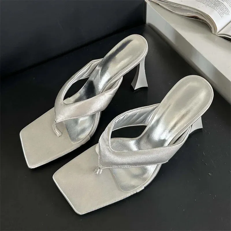 binfenxie  -  Fashion Square Clip Toe Slippers Women High Heels Party Dress Slides Shoes Summer Flip Flops Zapatos De Mujer