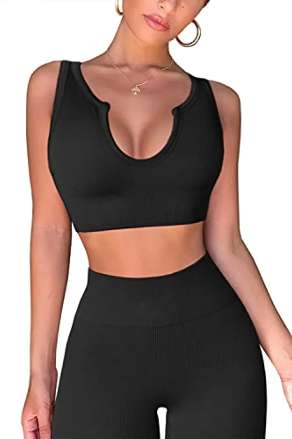 FAFOFA Workout Outfits for Women 2 Piece Ribbed Seamless Crop Tank High Waist Yoga Leggings Sets
