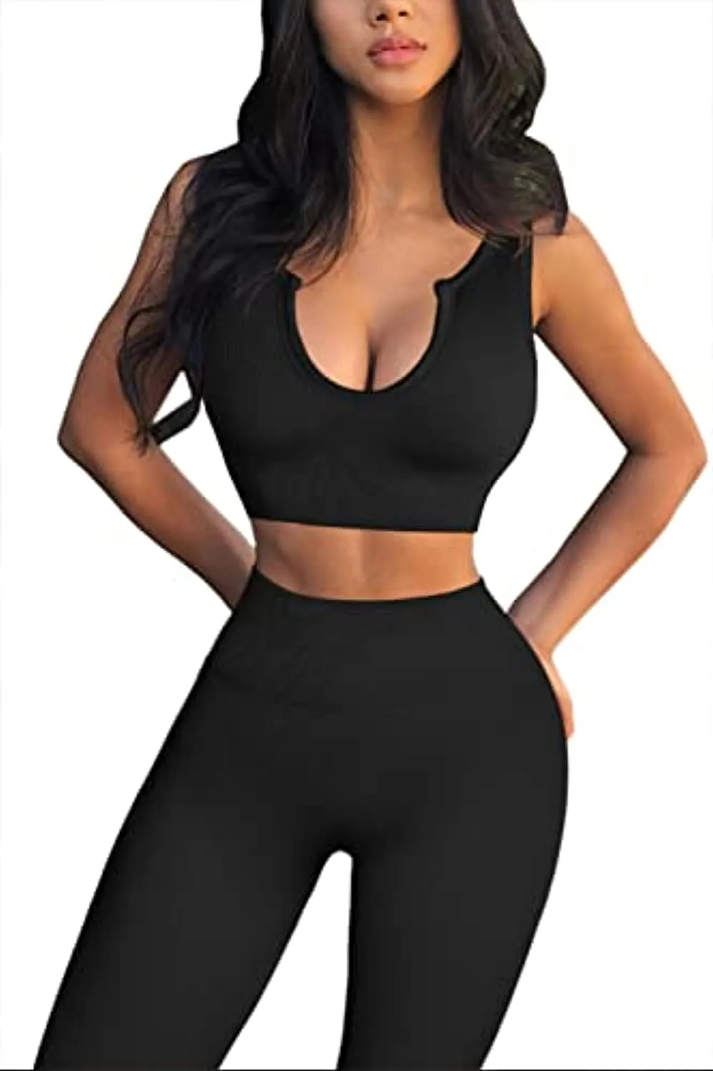 FAFOFA Workout Outfits for Women 2 Piece Ribbed Seamless Crop Tank High Waist Yoga Leggings Sets