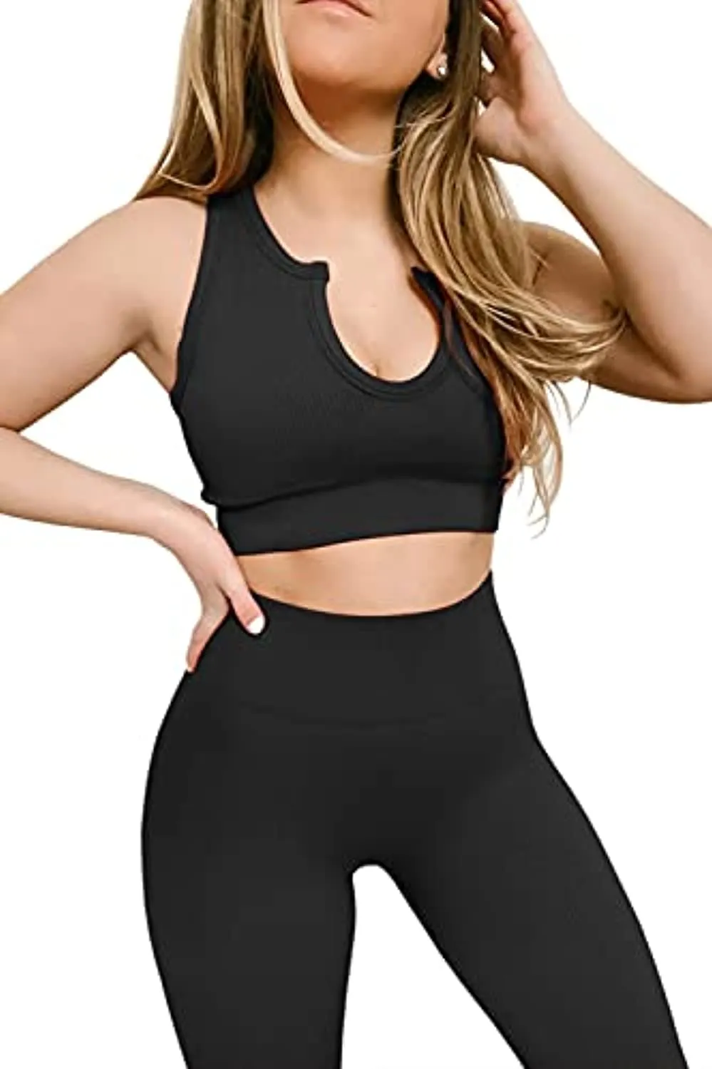 FAFOFA Workout Outfits for Women 2 Piece Ribbed Seamless Crop Tank High Waist Yoga Leggings Sets