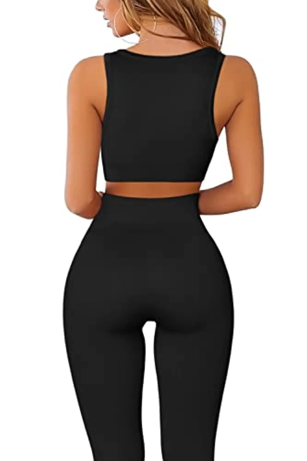 FAFOFA Workout Outfits for Women 2 Piece Ribbed Seamless Crop Tank High Waist Yoga Leggings Sets