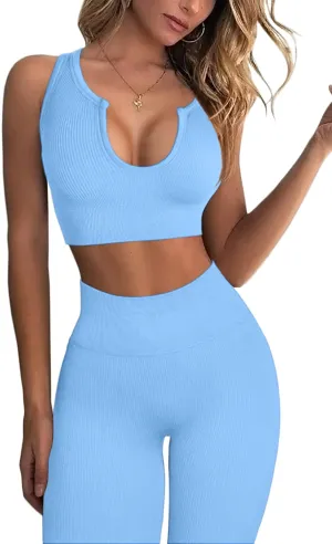 FAFOFA Workout Outfits for Women 2 Piece Ribbed Seamless Crop Tank High Waist Yoga Leggings Sets