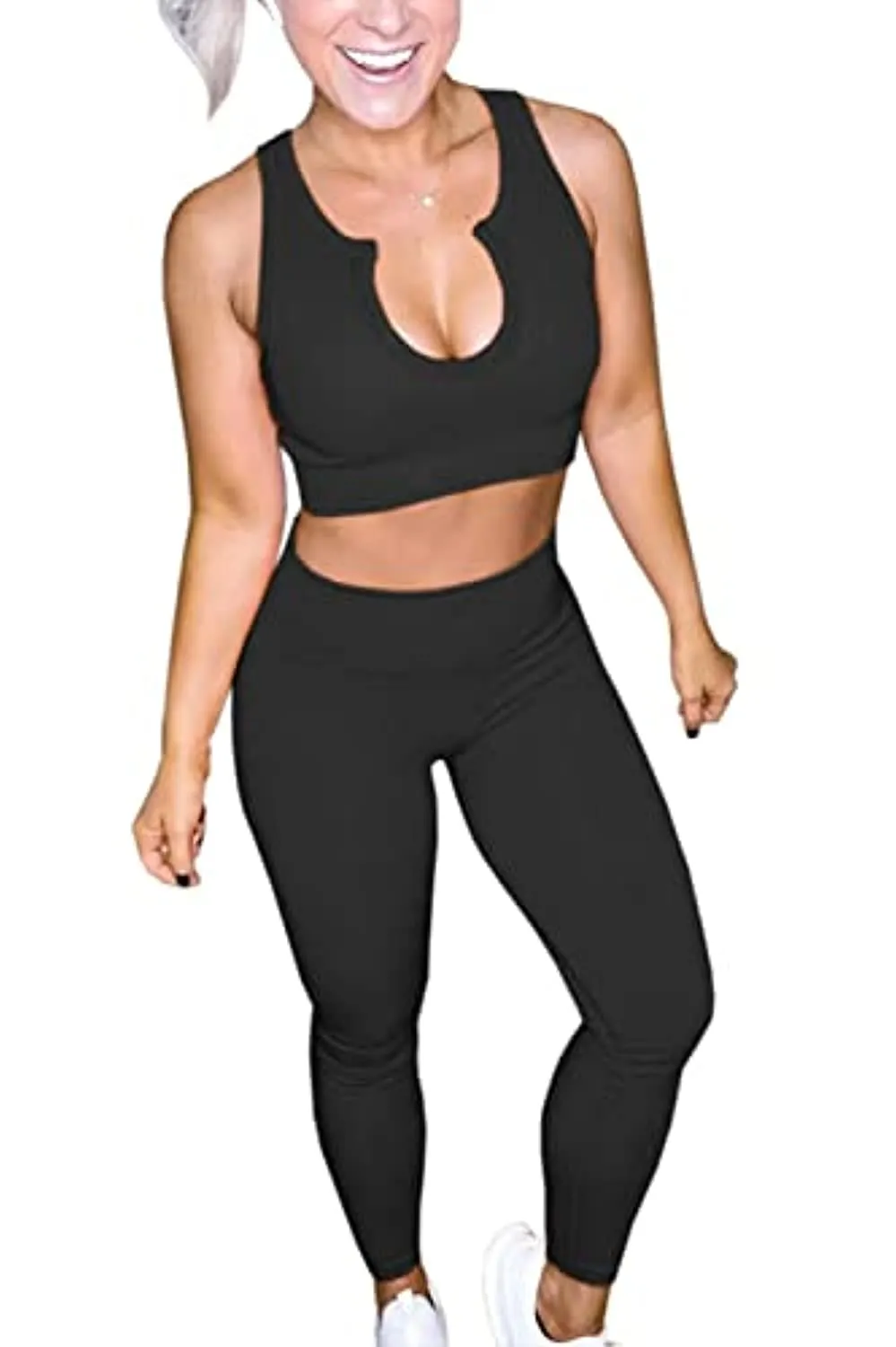 FAFOFA Workout Outfits for Women 2 Piece Ribbed Seamless Crop Tank High Waist Yoga Leggings Sets