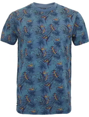 Manteca Tropical Leaf Print Crew Neck T-Shirt in Denim Marl