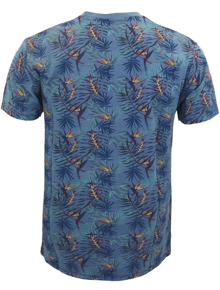 Manteca Tropical Leaf Print Crew Neck T-Shirt in Denim Marl