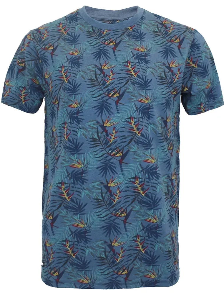 Manteca Tropical Leaf Print Crew Neck T-Shirt in Denim Marl