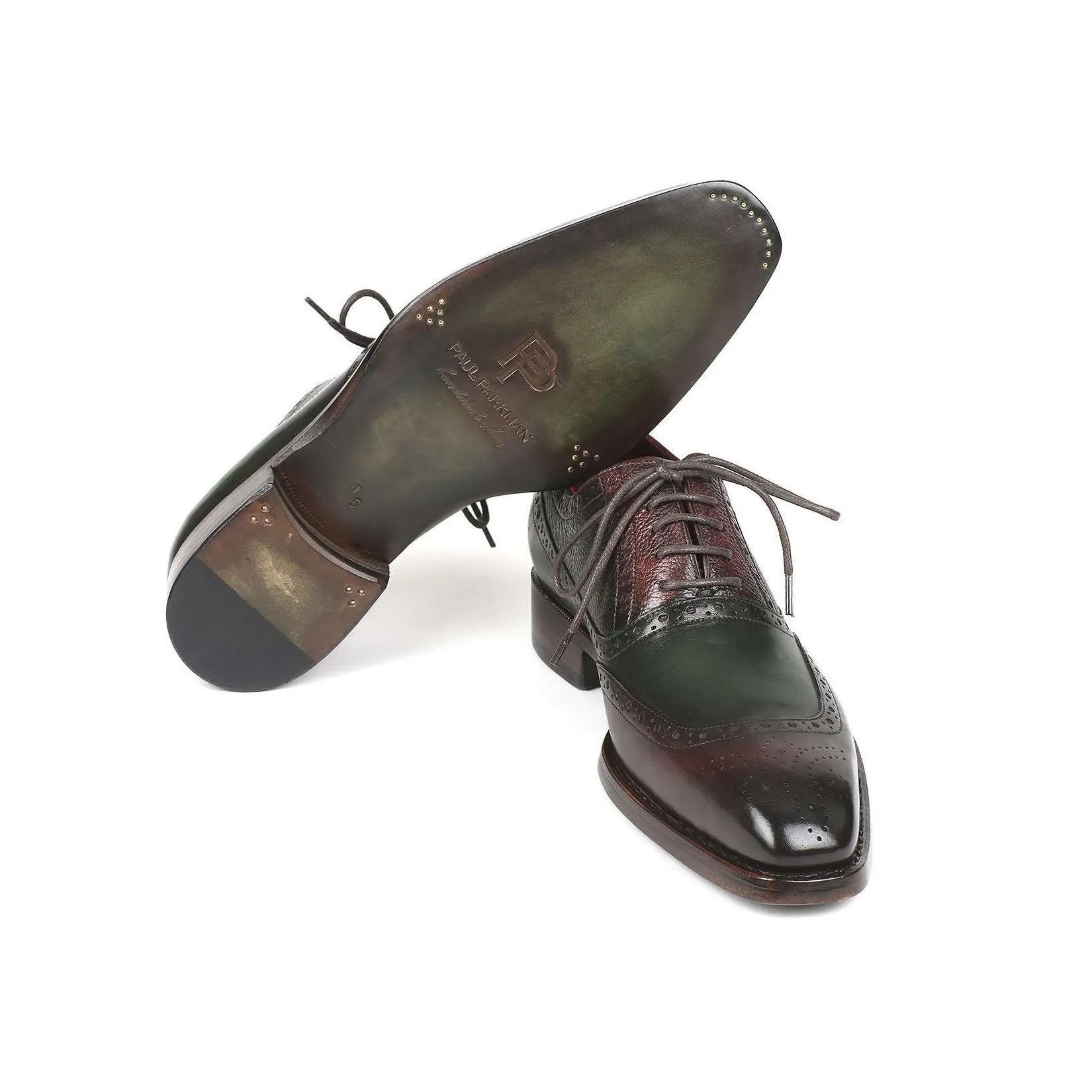 Paul Parkman Handmade Designer Shoes Men's Brown & Green Calfskin Oxfords BW926GR (PM5718)