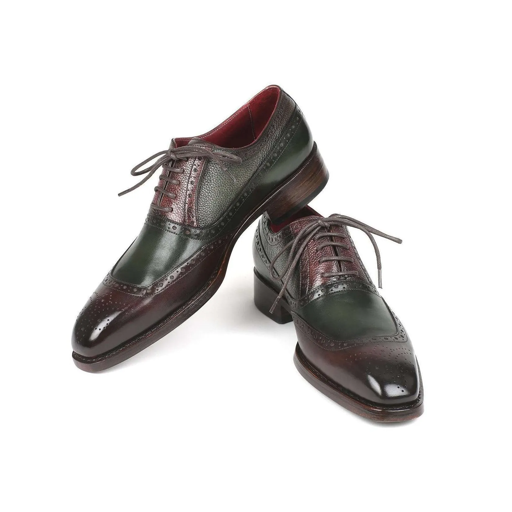 Paul Parkman Handmade Designer Shoes Men's Brown & Green Calfskin Oxfords BW926GR (PM5718)