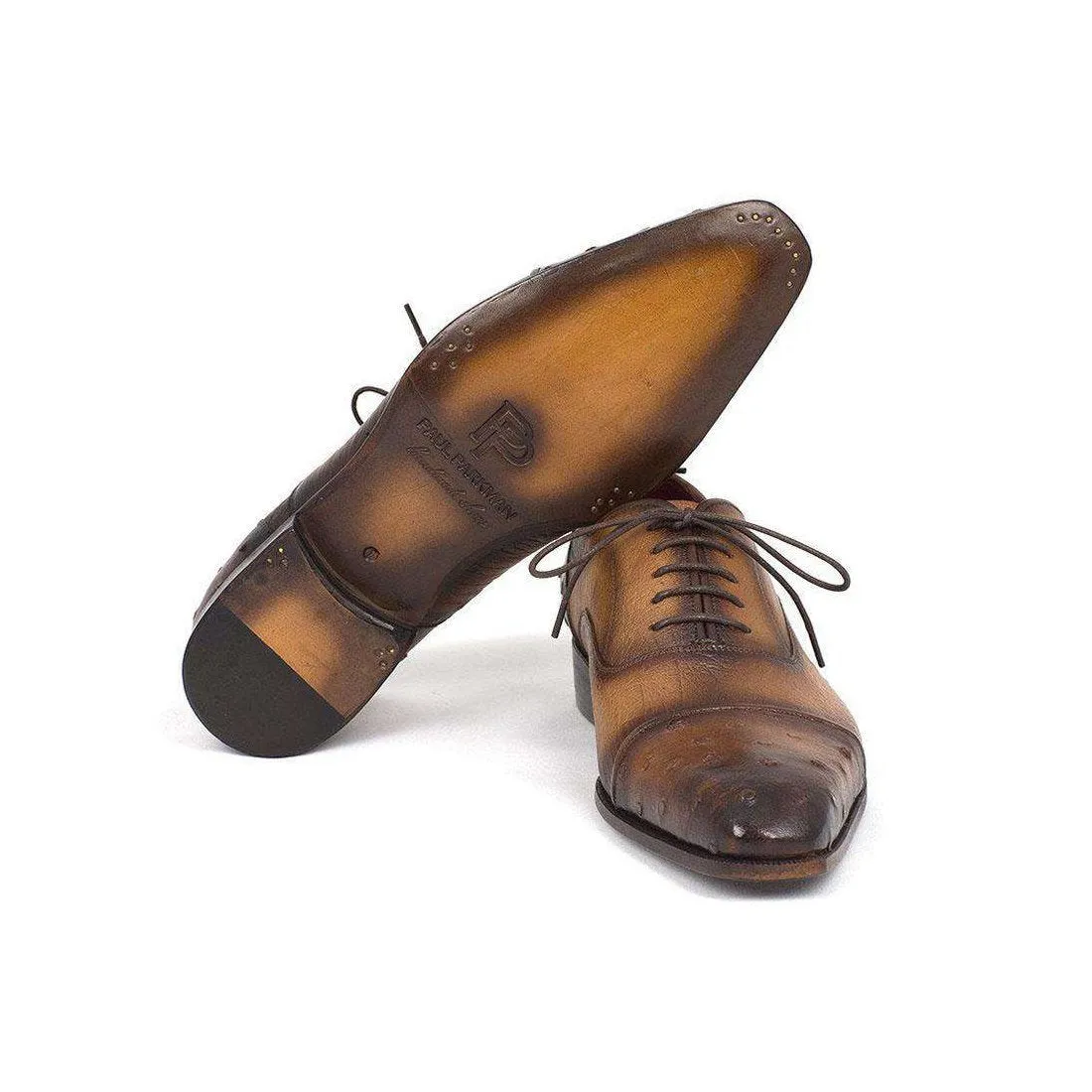 Paul Parkman Handmade Designer Shoes Men's Genuine Ostrich Captoe Oxfords Camel Color (PM5309)