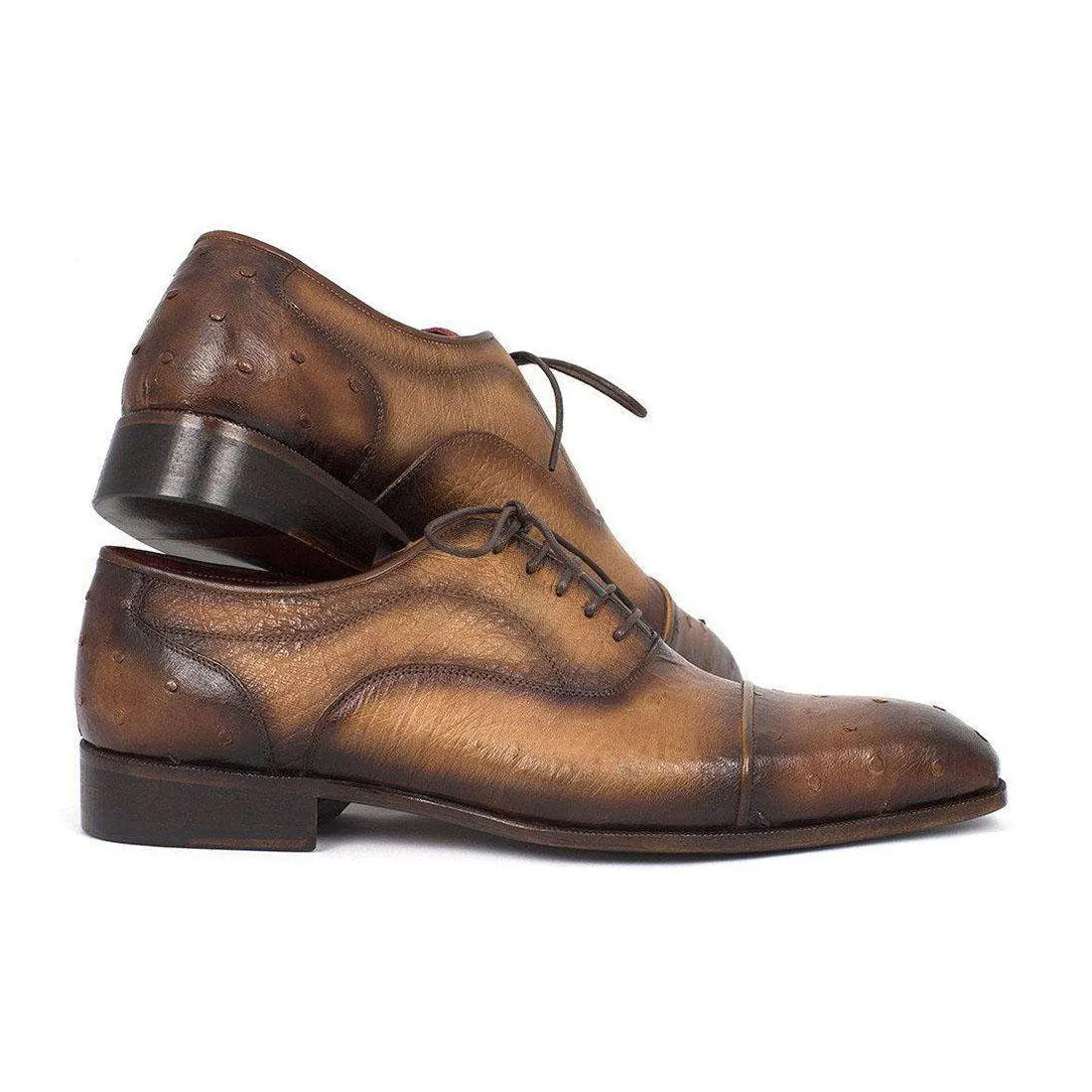 Paul Parkman Handmade Designer Shoes Men's Genuine Ostrich Captoe Oxfords Camel Color (PM5309)