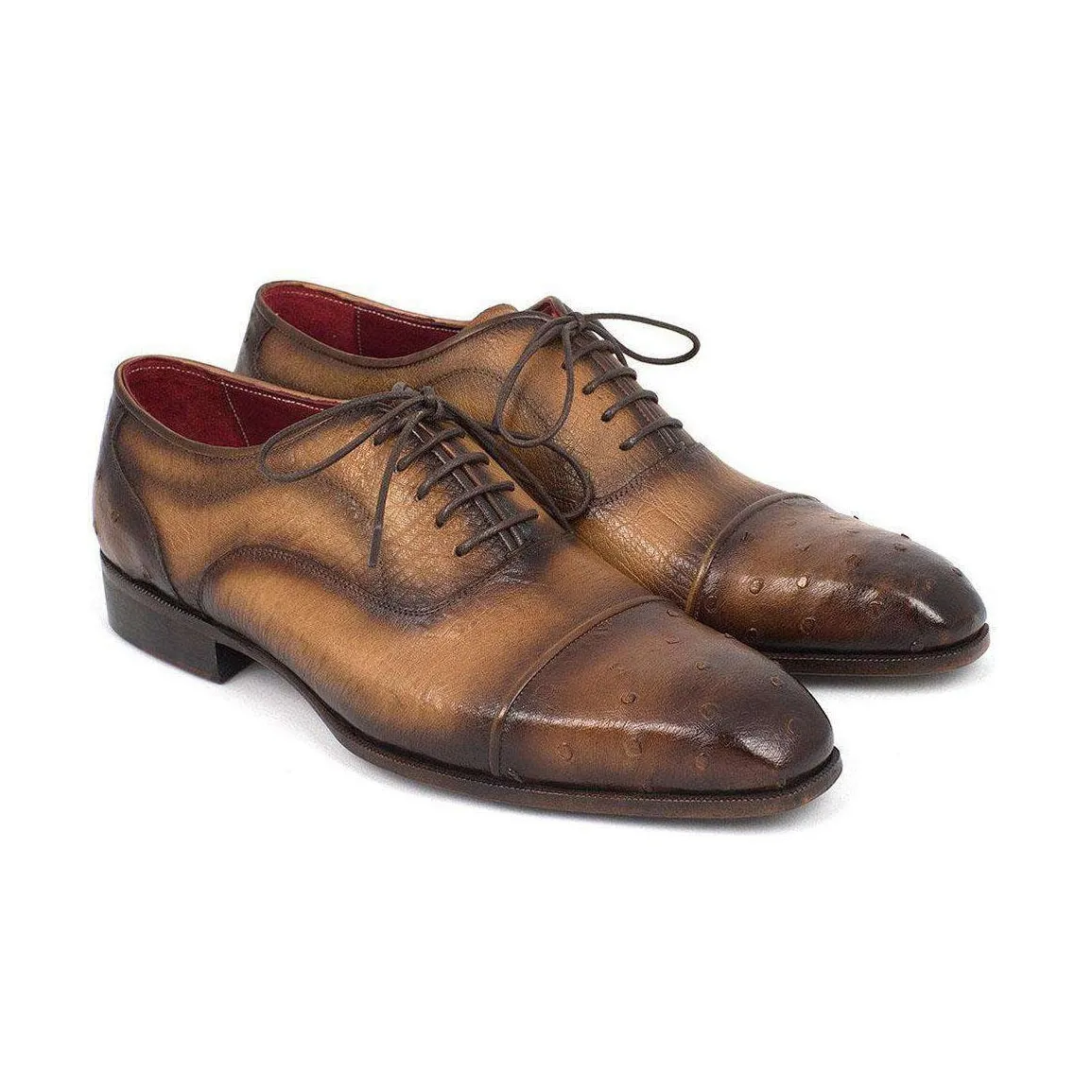 Paul Parkman Handmade Designer Shoes Men's Genuine Ostrich Captoe Oxfords Camel Color (PM5309)