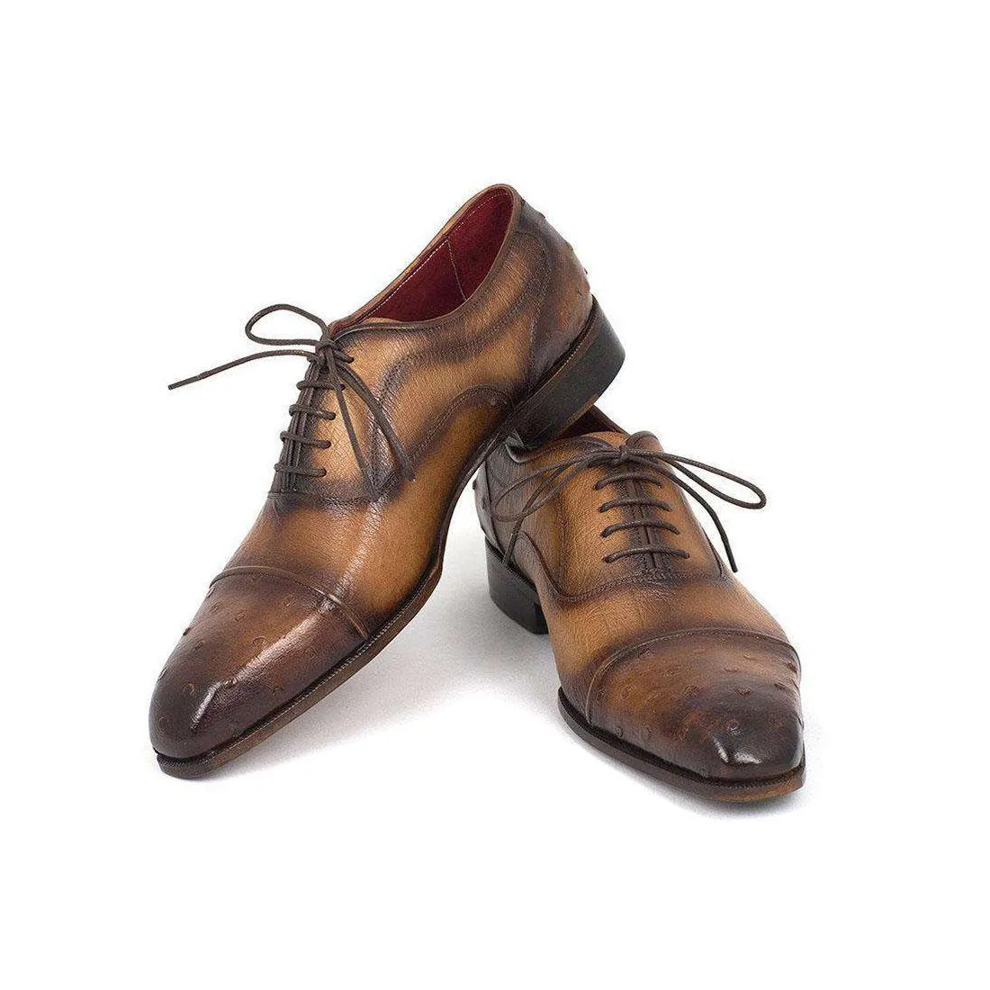 Paul Parkman Handmade Designer Shoes Men's Genuine Ostrich Captoe Oxfords Camel Color (PM5309)