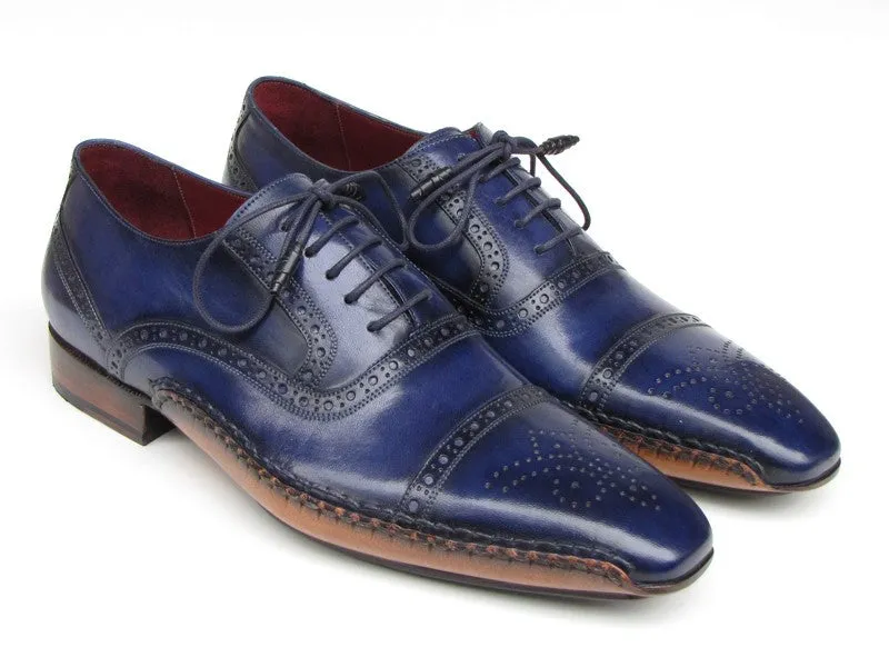 Paul Parkman Men's Captoe Navy Blue Hand Painted Oxfords