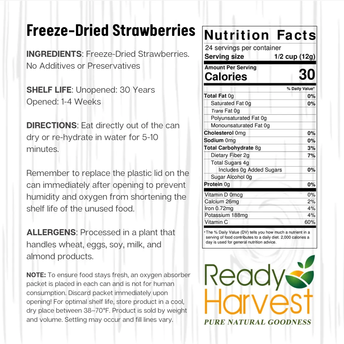 Ready Harvest Freeze-Dried Strawberries - 30 Year Shelf Life - #10 Can
