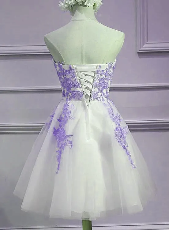 Solvbao Lovely Sweetheart White Tulle with Purple Lace, Cute Party Dress