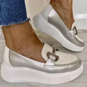 Wonders Silver & White Leather Slip On Classic Shoes